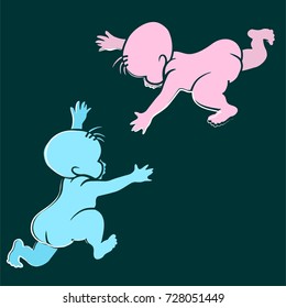 Stencil images of children which stretch each other hands on the green background. Vector pink and blue silhouettes of two newborn babies.
