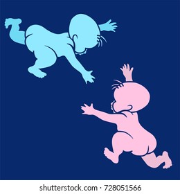 Stencil images of children which stretch each other hands on the blue background. Vector pink and blue silhouettes of two newborn babies.
