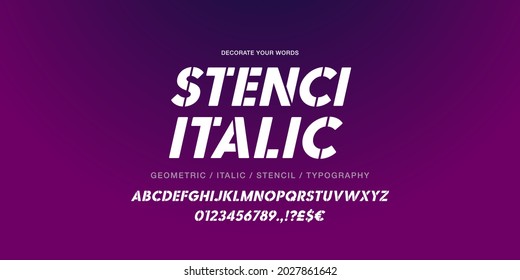 Stencil Italic digital modern alphabet and numbers font. Typography, bold slanted stamp style. Technology, electronic music, display and headline typeface. Vector Illustration