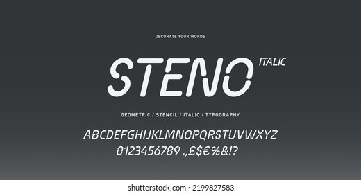 Stencil Italic digital modern alphabet and numbers font. Typography, bold stamp style. Urban, Technology, electronic music, display and headline typeface. Vector Illustration