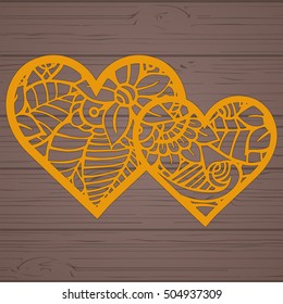 Stencil lacy hearts with carved openwork pattern. Template for interior design, layouts wedding cards, invitations, etc. Image suitable for laser cutting, plotter cutting or printing. Vector