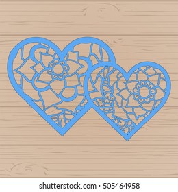 Stencil lacy hearts with carved openwork pattern. Template for interior design, layouts wedding cards, invitations, etc. Image suitable for laser cutting, plotter cutting or printing. Vector