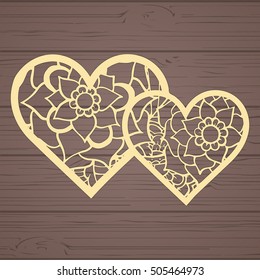 Stencil lacy hearts with carved openwork pattern. Template for interior design, layouts wedding cards, invitations, etc. Image suitable for laser cutting, plotter cutting or printing. Vector
