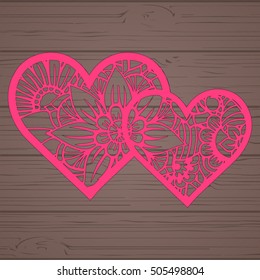 Stencil lacy hearts with carved openwork pattern. Template for interior design, layouts wedding cards, invitations, etc. Image suitable for laser cutting, plotter cutting or printing. Vector