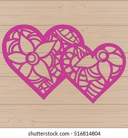 Stencil lacy hearts with carved openwork pattern. Template for interior design, layouts wedding cards, invitations, etc. Image suitable for laser cutting, plotter cutting or printing. Vector