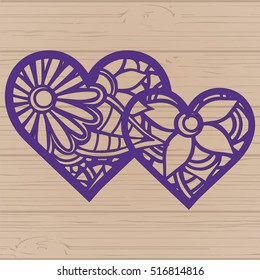 Stencil lacy hearts with carved openwork pattern. Template for interior design, layouts wedding cards, invitations, etc. Image suitable for laser cutting, plotter cutting or printing. Vector