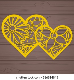 Stencil lacy hearts with carved openwork pattern. Template for interior design, layouts wedding cards, invitations, etc. Image suitable for laser cutting, plotter cutting or printing. Vector