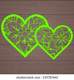 Stencil lacy hearts with carved openwork pattern. Template for interior design, layouts wedding cards, invitations, etc. Image suitable for laser cutting, plotter cutting or printing. Vector