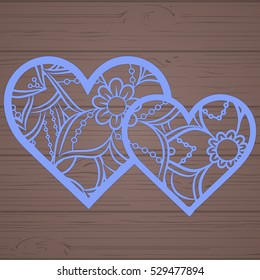 Stencil lacy hearts with carved openwork pattern. Template for interior design, layouts wedding cards, invitations, etc. Image suitable for laser cutting, plotter cutting or printing. Vector