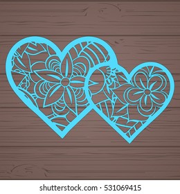 Stencil lacy hearts with carved openwork pattern. Template for interior design, layouts wedding cards, invitations, etc. Image suitable for laser cutting, plotter cutting or printing. Vector