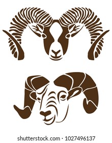 Stencil. Laser cut template. Gold sheep head from different sides. Vector illustration isolated on white background. Suitable for laser or die cutting. Silhouette.