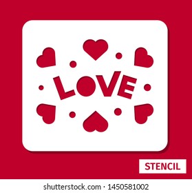 Stencil for laser cutting on wood, metal and paper. Decorative laser cut cards. Design with inscription "Love" for printing and engraving.