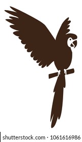 Stencil for laser cutting. Parrot, macaw, ara. Brown and white logo, sign, emblem, symbol. Stamp. Simple illustration tropical flying bird on white background. Sketch. Die cut.