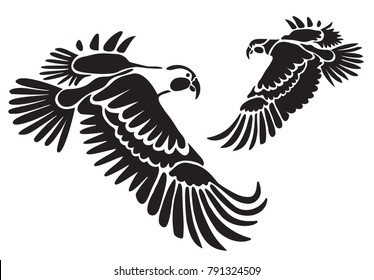 Stencil for laser cutting. Parrot, macaw ara. Vector tropical flying bird on white background. Black and white logo, sign, emblem, symbol. Stamp. Simple vector illustration. Sketch. Die cut.