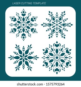 Stencil. Laser cutting template. Set of vintage snowflake. Silhouette cutout design. Xmas greeting card. Paper cutout new year decor. Christmas lace invitation.  Round winter art pattern.