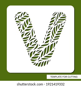 Esténcil con la letra V hecha de hojas. Signo ecológico, icono, logotipo para productos orgánicos, naturales. Tema de las plantas. Plantilla para el corte láser de papel, cartón, plástico, cnc. Ilustración vectorial.