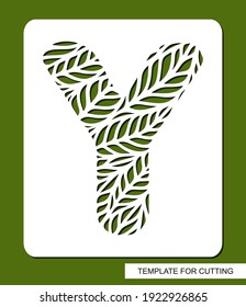 Stencil with the letter Y made from leaves. Eco sign, icon, logo for organic, natural products. Plants theme. Template for plotter laser cutting of paper, cardboard, plastic, cnc. Vector illustration.