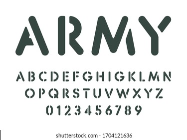 Stencil letters and numbers set. Spray paint stencil template, simple military style alphabet. Font for messages on wall, army or combat games. Vector typography design.