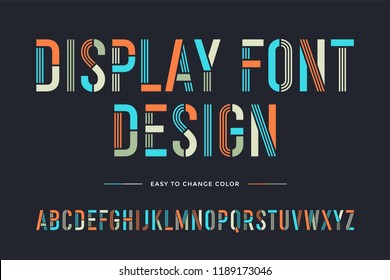 Stencil line font. Colorful condensed alphabet and font. Condensed bold uppercase stencil line letters. Type, typography letter latin font. Hand-drawn font for headline, text. Vector Illustration