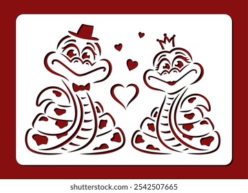 Stencil of lovers snakes with hearts. A pair of spotted pythons, a girl in a crown and a gentleman in a hat and bow tie. Vector template for laser cutting cards for Valentine's Day, February 14th.