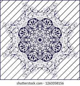 Stencil mandala. Blue and white round ornament. Vector illustration