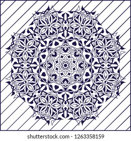 Stencil mandala. Blue and white round ornament. Vector illustration