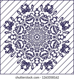 Stencil mandala. Blue and white round ornament. Vector illustration