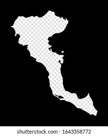 Stencil map of Corfu. Simple and minimal transparent map of Corfu. Black rectangle with cut shape of the island. Captivating vector illustration.