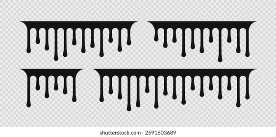 Stencil melt graffiti. Black drops and border. Molten liquid isolated on white background. Drip of paint. Vector illustration. Spill fluid. Droplet print.