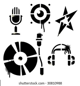 Stencil music icons. Contains no traced images. All elements are drawn by hand. "True stencil" shapes, drops, splats and blends are in separate layers. Editable vector Illustration.