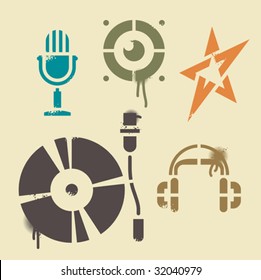 Stencil music icons. Contains no traced images. All elements are drawn by hand. "True stencil" shapes, drops, splats and blends are in separate layers. Editable vector Illustration.