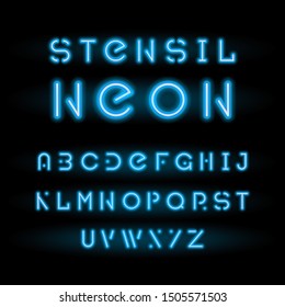 Stencil neon font or typeface, neon blue modular round alphabet isolated on black background. Simple cool modern letters for urban graffiti, book covers or headlines.