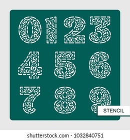 Stencil: number 1 (one), 2 (two), 3 (three), 4 (four), 5 (five), 6 (six), 7 (seven), 8 (eight), 9 (nine), 0 (zero). Template for laser cutting, wood carving, paper cut and printing. Vector.