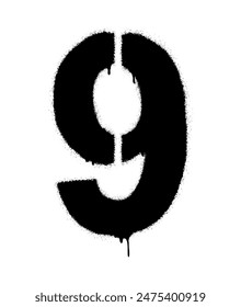Stencil with the number 9 with paint smudges. Black symbol on a white background. Vector illustration