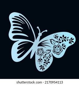 Stencil of an openwork butterfly with flowers on wings. Cutting file