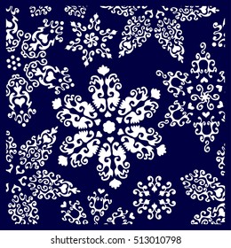 Stencil panel with openwork snowflakes. May be used for laser cutting. Suitable for christmas paper cards, design elements, scrapbooking stencil. Ratio 1:1. Vector illustration.