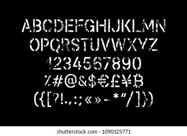 Stencil pattern latin typeface, editable font with uppercase, numbers, punctuation and currency (dollar, euro, yen, pound, bitcoin) symbol glyphs with grunge texture