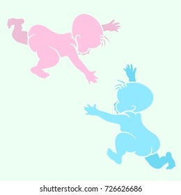 Stencil playing children on a mint background. Vector pink and blue silhouettes of two newborn babies.
