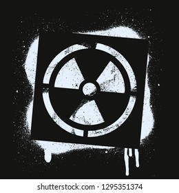 Stencil radioactive sign. Radiation hazard. White graffiti print on black background. Vector design street art