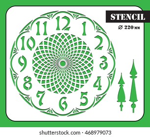 Stencil. Retro clock with roman dial. Geometric circle dial with arrows made in vector. My be used for laser cutting or die cutting machines.