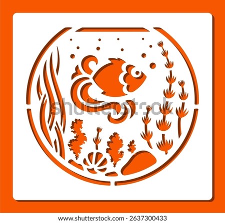 Stencil round aquarium. Golden fish swims among seaweed, stones, shells. Children's cartoon style. Template for plotter laser cutting of paper, wood carving, metal engraving, cnc. Vector illustration.