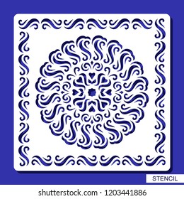 Stencil round ornament and square border. Carved mandala contour in arabesque style. Circular pattern and frame silhouette. Template for laser cutting, paper cut and printing. Vector illustration.