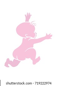 Stencil running child. Vector pink silhouette of a newborn baby.