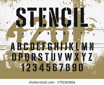 Stencil sans serif font. Stencil-plate alphabet in military style on grunge background. Vectors