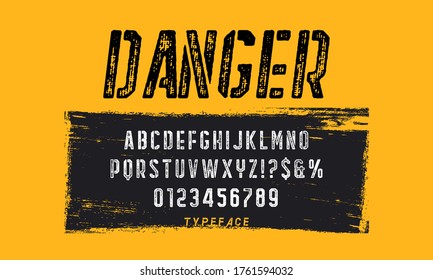 Stencil sans serif font. Typeface design for titles and signs. Letters with shabby texture. Vector illustration
