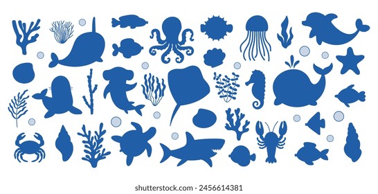 Stencil sea life animals, shells, corals, seaweed. Silhouette ocean icons. Flat vector illustration