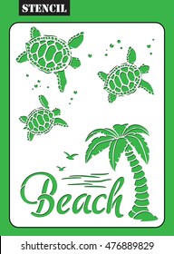 Stencil. Sea Turtle silhouette. Illustration of coconut tree in the seashore. My be used for laser cutting or die cutting machines.
