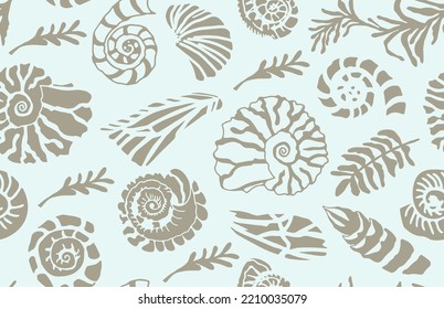 Maravillas y plantas de esténcil Patrón sin mar Dibujo de mano de concha oceánica o concha molusco vieira Mar subacuático animal fósil Náutico y acuario, tema marino. Ilustración vectorial.