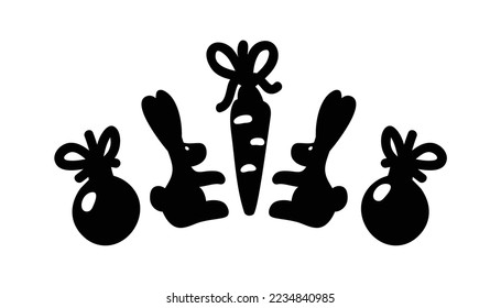 Stencil with a set of Christmas toys. Silhouettes of a rabbit, a carrot and a Christmas ball. Design elements for engraving, embossing, gilding. Black and white graphics in cartoon style.