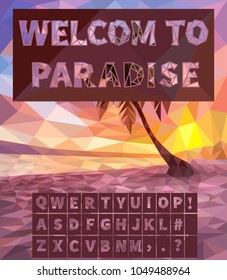 Stencil of set letters in style low poly. Font vector on a background of a pink beach with a palm tree.